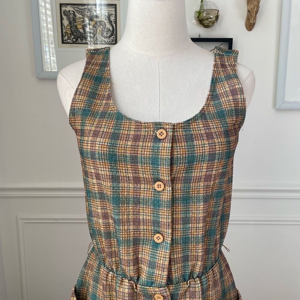 Vintage 70s Button Front Plaid Barkcloth Sleeveless Dress S - Picture 2 of 9